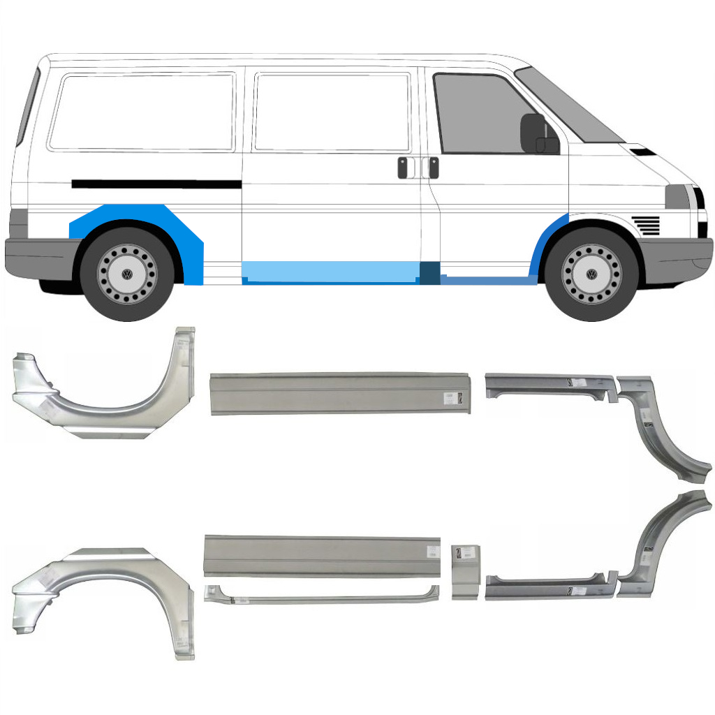 Slenkstis Apatinė + Sparnas Priekinis + Sparnas Galinis Už Vw Transporter T4 1990- / Lwb / Kairė + Dešinė / Rinkinys 5340