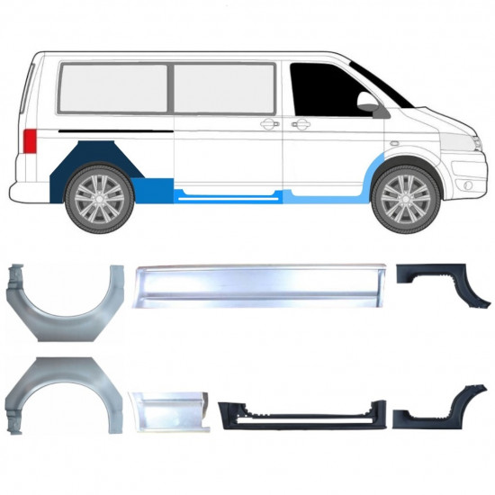 Slenkstis apatinė + sparnas galinis už Volkswagen Transporter T5 2003- / LWB / Rinkinys 11536